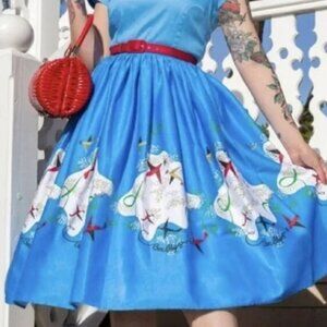 Mary Blair Planes Pinup Dress, large, blue, EUC